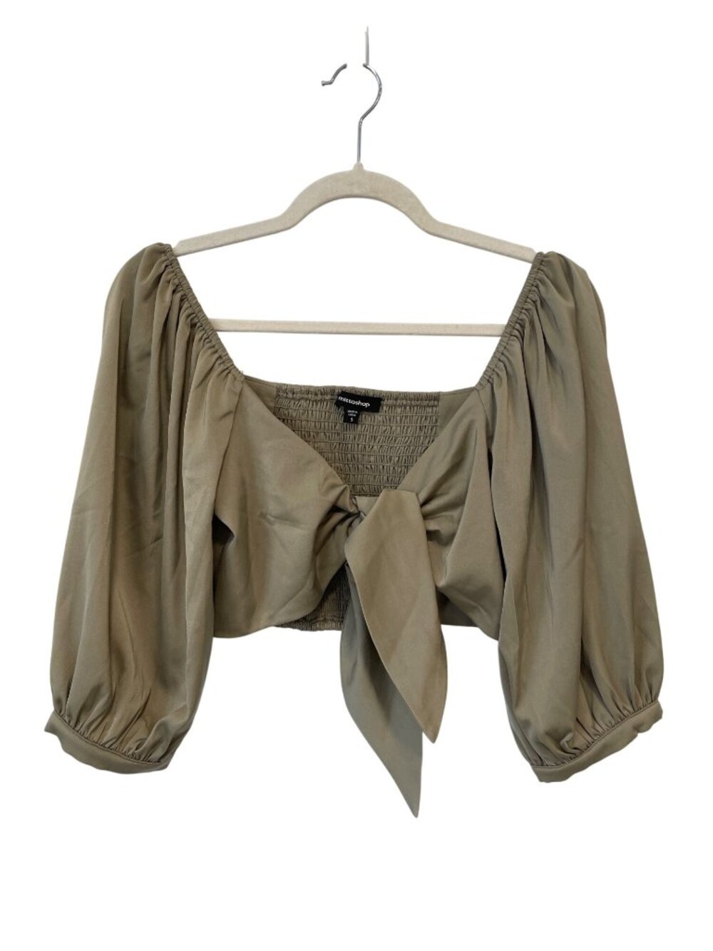 Mitto Shop Crop Top Small Tie Front Puff Sleeves Smocked Back 3/4 Sleeve Trendy